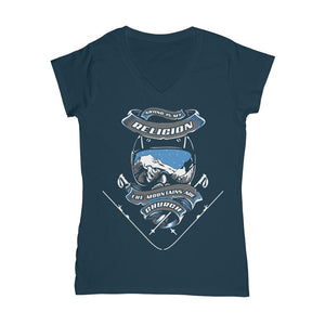 SKIING IS MY RELIGION THE MOUNTAIN IS MY CHURCH Classic Women's V-Neck T-Shirt Apparel Navy Female S