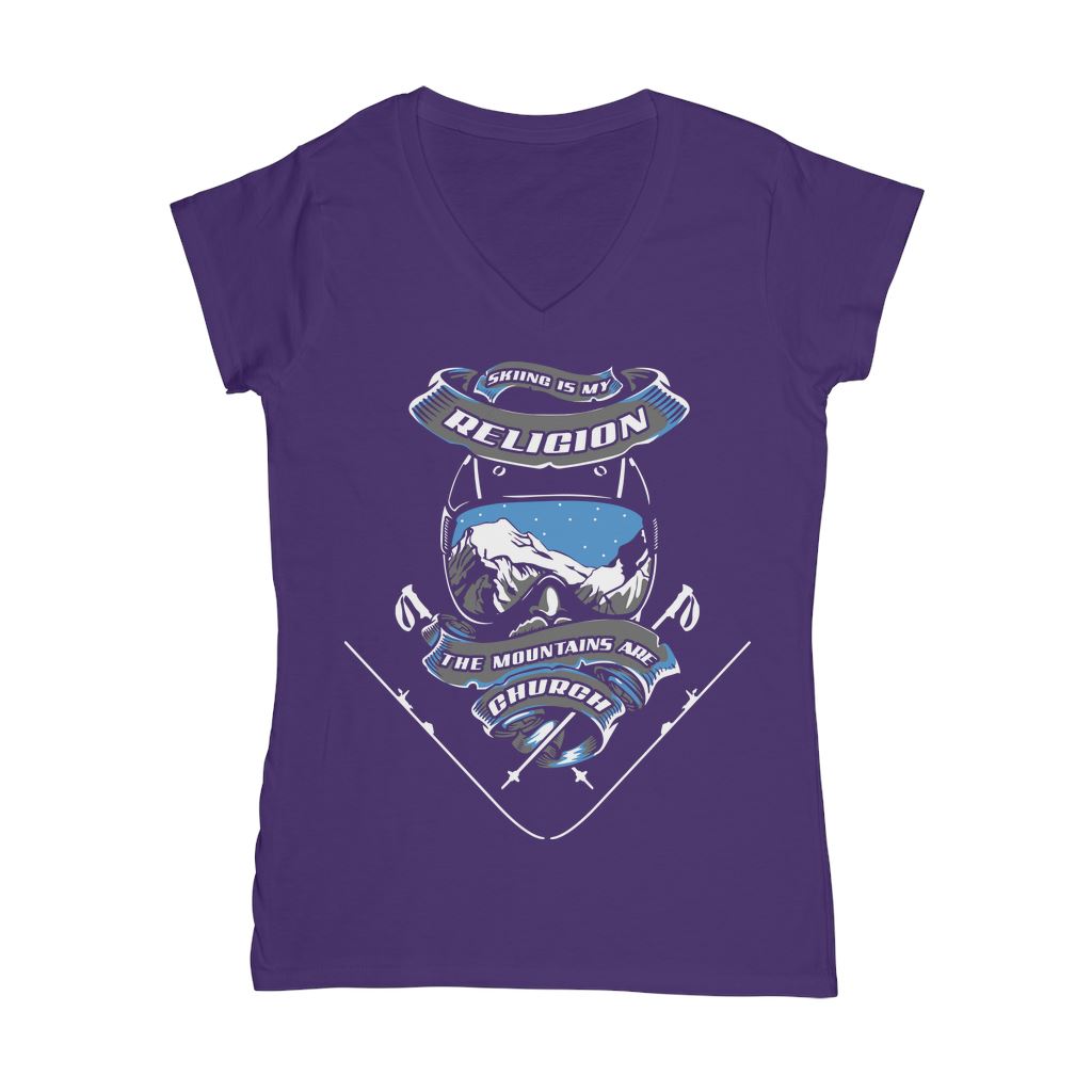 SKIING IS MY RELIGION THE MOUNTAIN IS MY CHURCH Classic Women's V-Neck T-Shirt Apparel Purple Female S