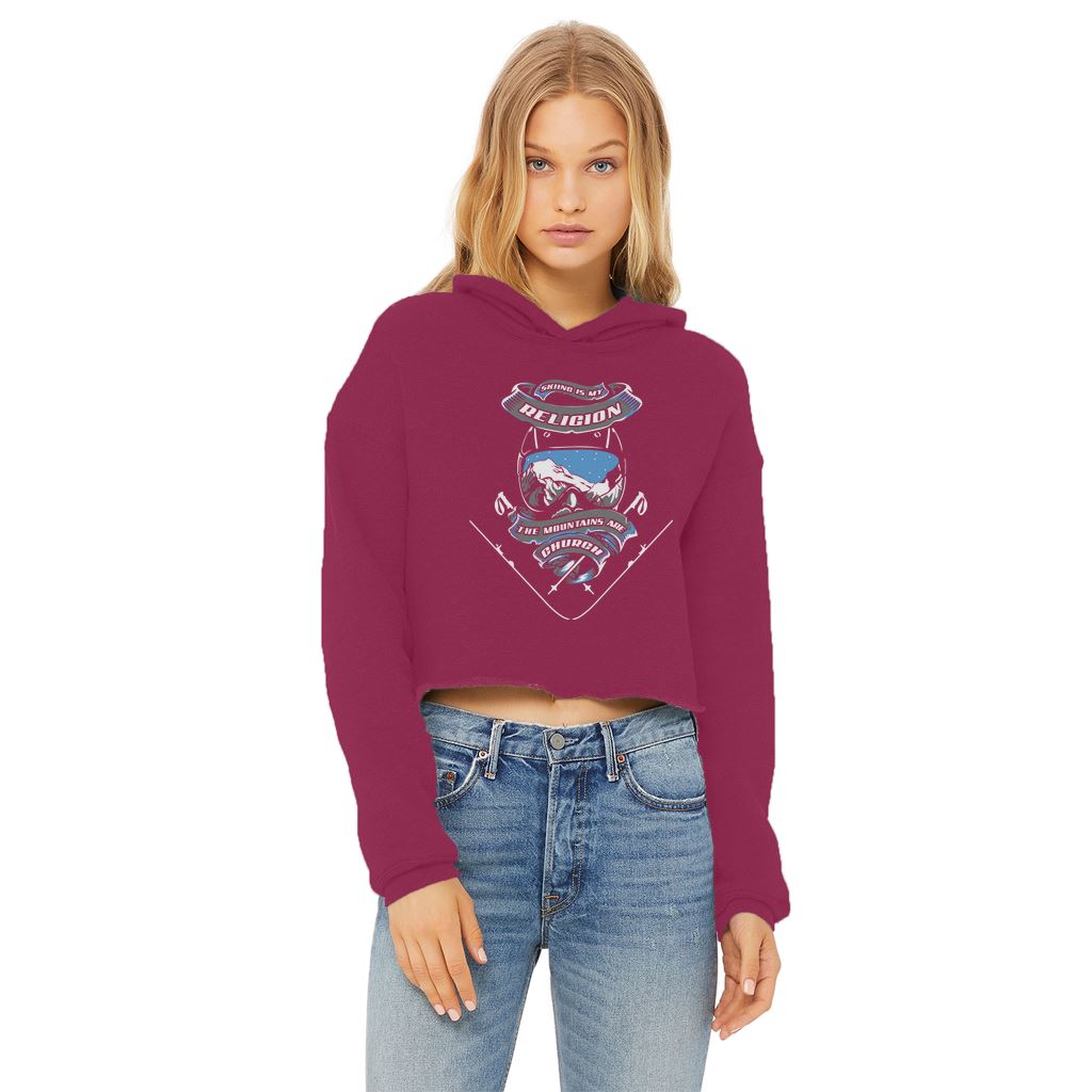 SKIING IS MY RELIGION THE MOUNTAIN IS MY CHURCH Ladies Cropped Raw Edge Hoodie Apparel Burgundy XS 