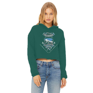 SKIING IS MY RELIGION THE MOUNTAIN IS MY CHURCH Ladies Cropped Raw Edge Hoodie Apparel Dark Green XS 