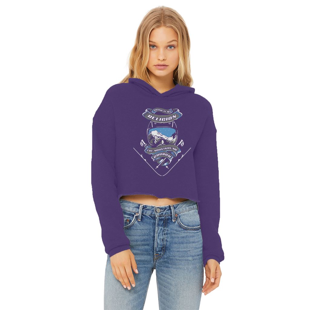 SKIING IS MY RELIGION THE MOUNTAIN IS MY CHURCH Ladies Cropped Raw Edge Hoodie Apparel Purple XS 