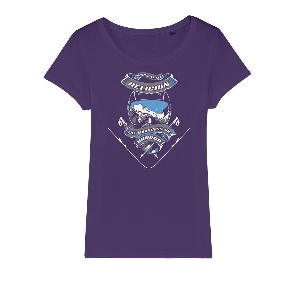 SKIING IS MY RELIGION THE MOUNTAIN IS MY CHURCH Organic Jersey Womens T-Shirt Apparel Purple Womens XS (EU) / XSS (US)