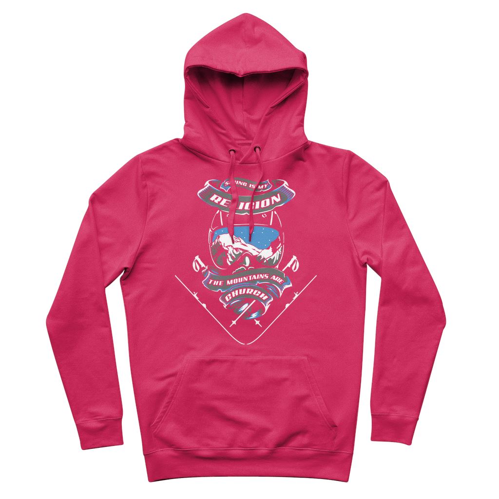 SKIING IS MY RELIGION THE MOUNTAIN IS MY CHURCH Premium Adult Hoodie Apparel Hot Pink S 