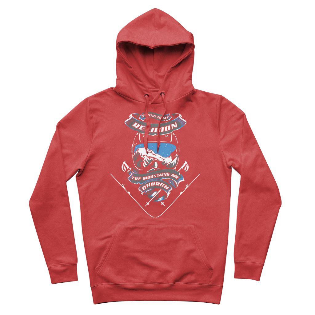 SKIING IS MY RELIGION THE MOUNTAIN IS MY CHURCH Premium Adult Hoodie Apparel Red S 