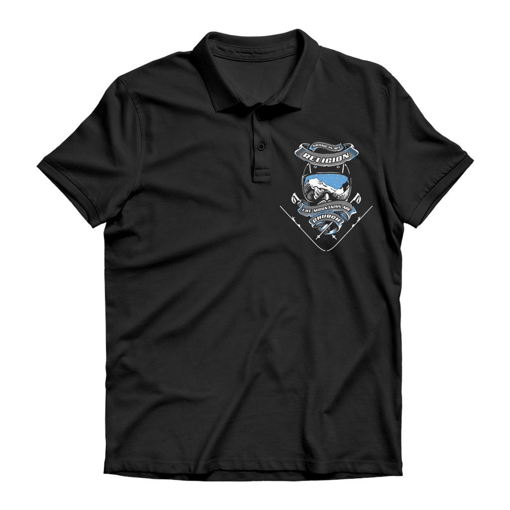 SKIING IS MY RELIGION THE MOUNTAIN IS MY CHURCH Premium Adult Polo Shirt Apparel Black Unisex S