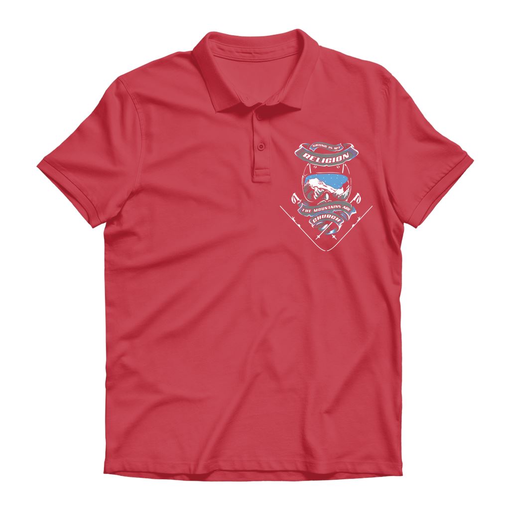 SKIING IS MY RELIGION THE MOUNTAIN IS MY CHURCH Premium Adult Polo Shirt Apparel Red Unisex S