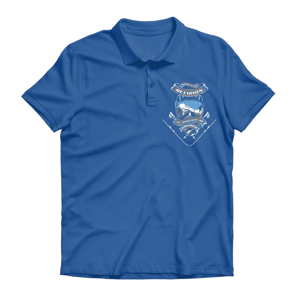 SKIING IS MY RELIGION THE MOUNTAIN IS MY CHURCH Premium Adult Polo Shirt Apparel Royal Blue Unisex S