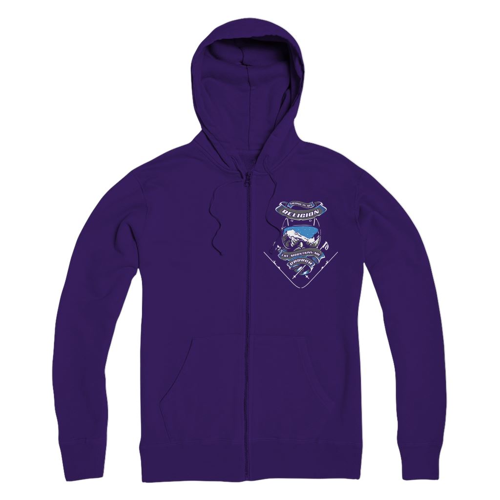 SKIING IS MY RELIGION THE MOUNTAIN IS MY CHURCH Premium Adult Zip Hoodie Apparel Purple S 