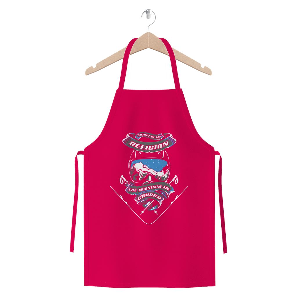 SKIING IS MY RELIGION THE MOUNTAIN IS MY CHURCH Premium Jersey Apron Apparel Hot Pink 