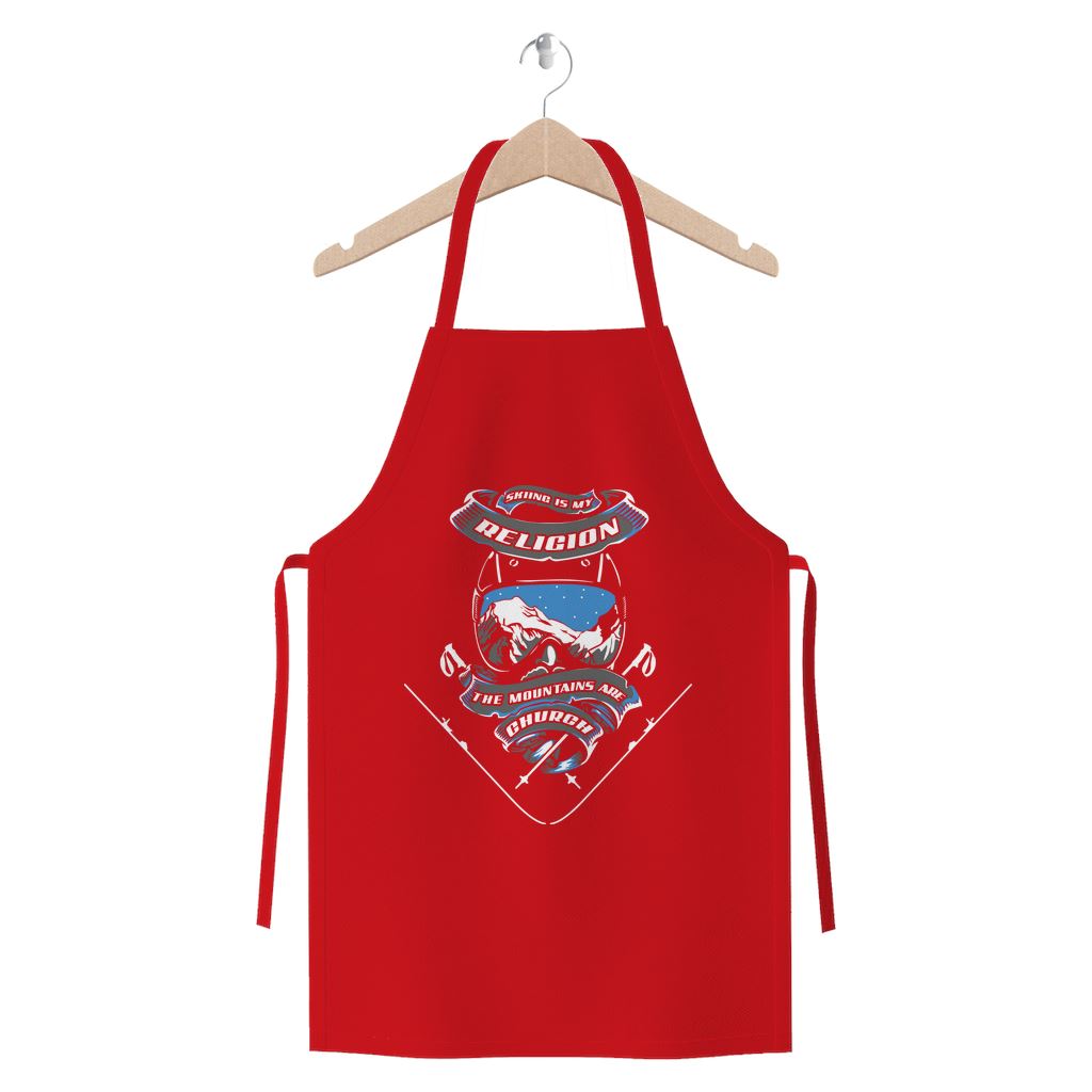 SKIING IS MY RELIGION THE MOUNTAIN IS MY CHURCH Premium Jersey Apron Apparel Red 
