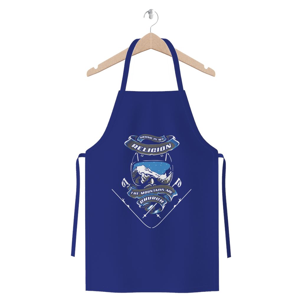 SKIING IS MY RELIGION THE MOUNTAIN IS MY CHURCH Premium Jersey Apron Apparel Royal Blue 