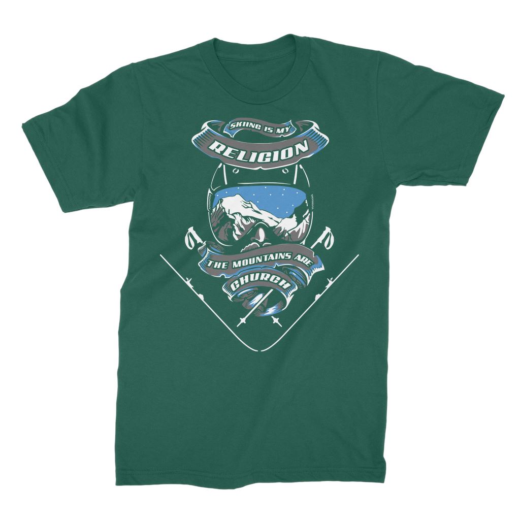 SKIING IS MY RELIGION THE MOUNTAIN IS MY CHURCH Premium Jersey Men's T-Shirt Apparel Dark Green Male S