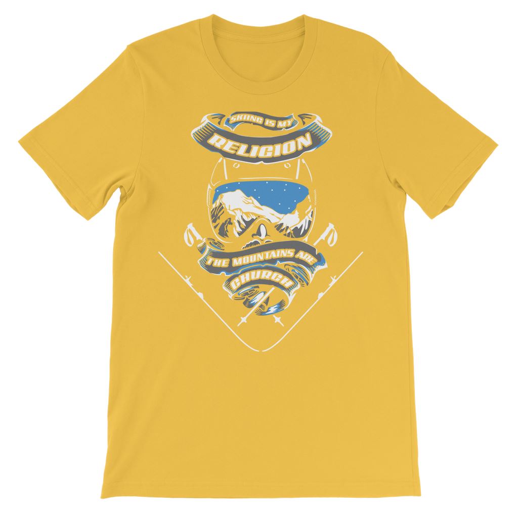 SKIING IS MY RELIGION THE MOUNTAIN IS MY CHURCH Premium Kids T-Shirt Apparel Gold 1 to 2 Years 