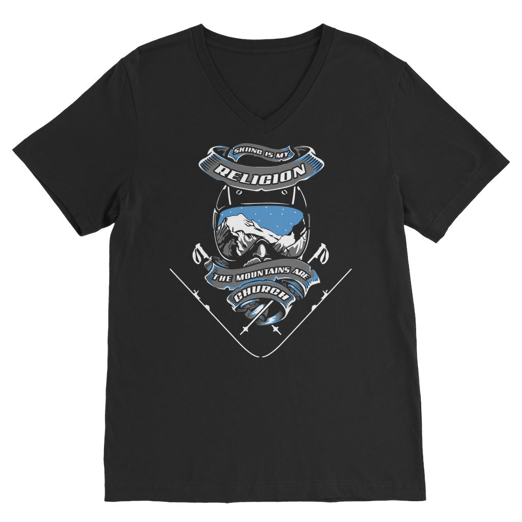 SKIING IS MY RELIGION THE MOUNTAIN IS MY CHURCH Premium V-Neck T-Shirt Apparel Black Unisex S