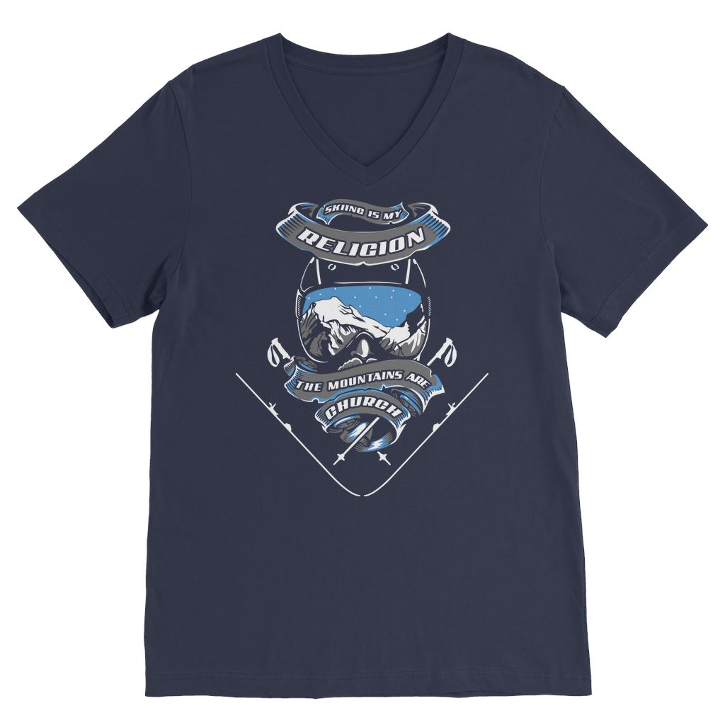 SKIING IS MY RELIGION THE MOUNTAIN IS MY CHURCH Premium V-Neck T-Shirt Apparel Navy Unisex S