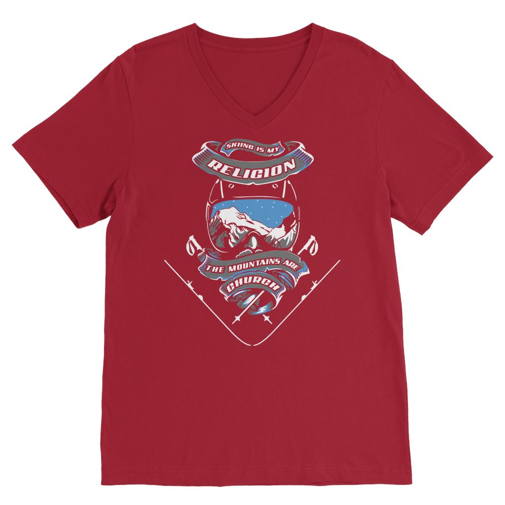 SKIING IS MY RELIGION THE MOUNTAIN IS MY CHURCH Premium V-Neck T-Shirt Apparel Red Unisex S