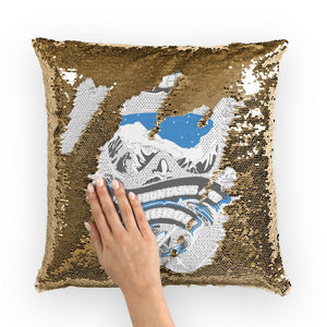 SKIING IS MY RELIGION THE MOUNTAIN IS MY CHURCH Sequin Cushion Cover Homeware Gold / White 