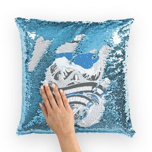 SKIING IS MY RELIGION THE MOUNTAIN IS MY CHURCH Sequin Cushion Cover Homeware Light Blue / White 
