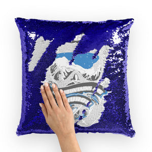 SKIING IS MY RELIGION THE MOUNTAIN IS MY CHURCH Sequin Cushion Cover Homeware Navy / White 