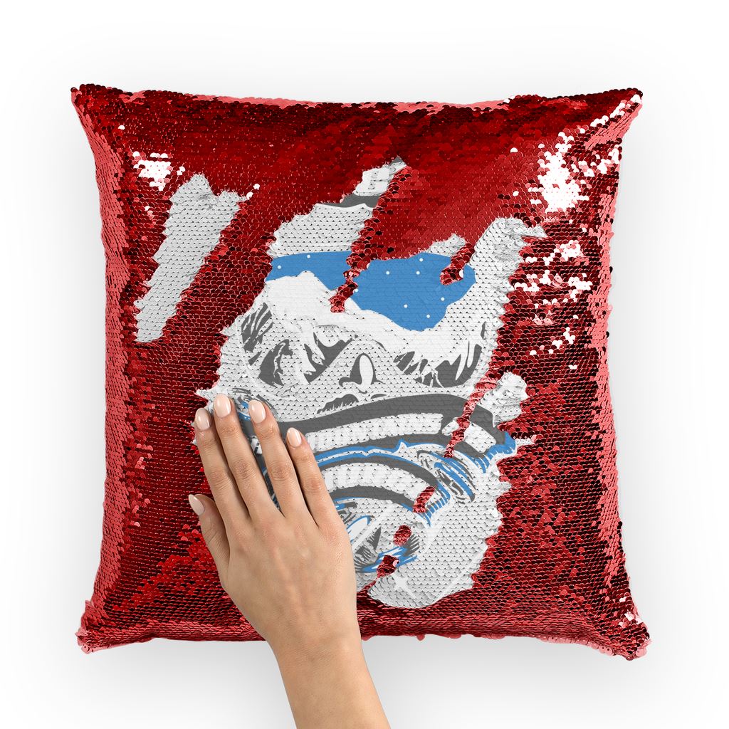 SKIING IS MY RELIGION THE MOUNTAIN IS MY CHURCH Sequin Cushion Cover Homeware Red / White 