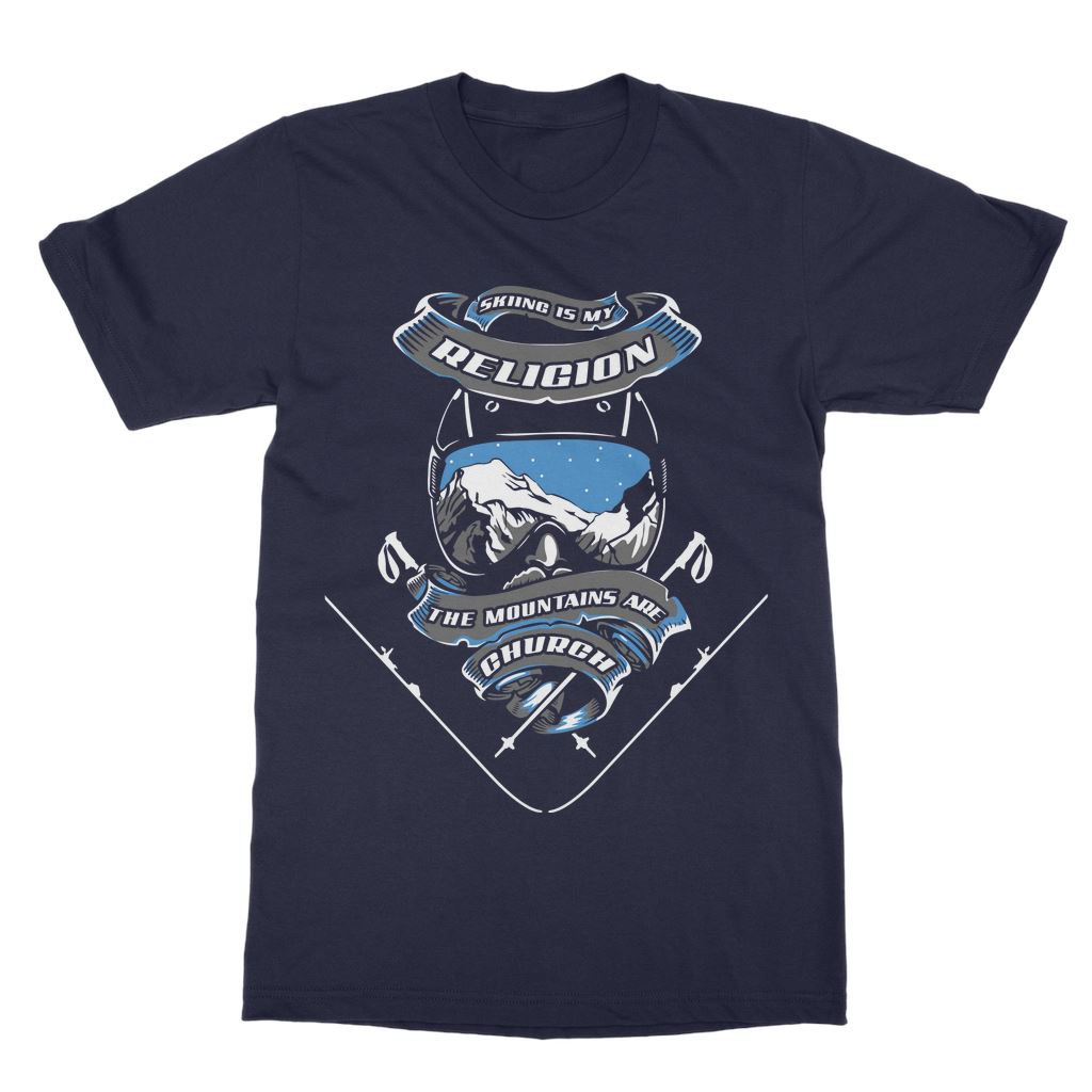 SKIING IS MY RELIGION THE MOUNTAIN IS MY CHURCH T-Shirt Dress Apparel Navy Unisex One Size