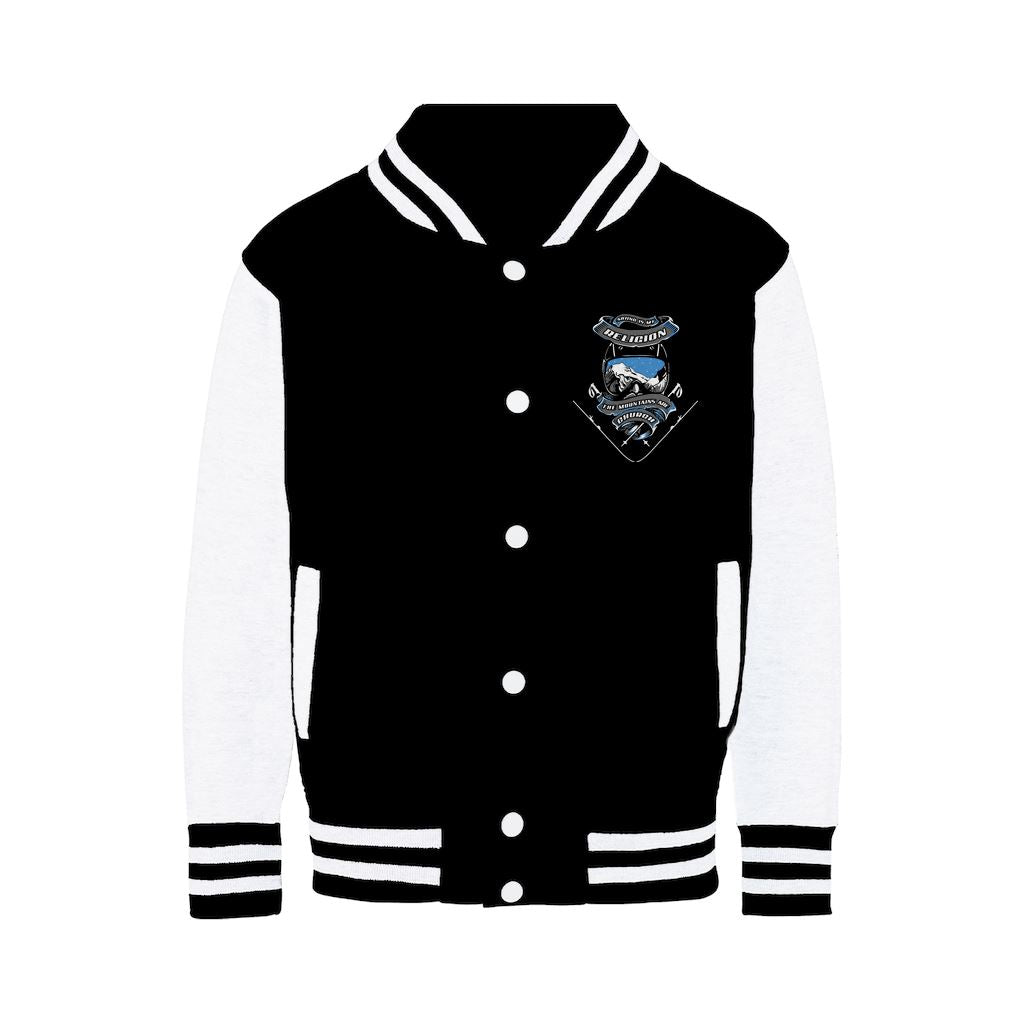 SKIING IS MY RELIGION THE MOUNTAIN IS MY CHURCH Varsity Jacket Apparel Black / White XS 
