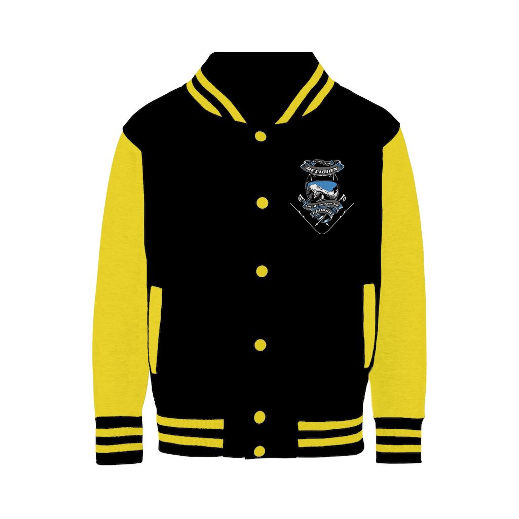 SKIING IS MY RELIGION THE MOUNTAIN IS MY CHURCH Varsity Jacket Apparel Black/ Yellow XS 