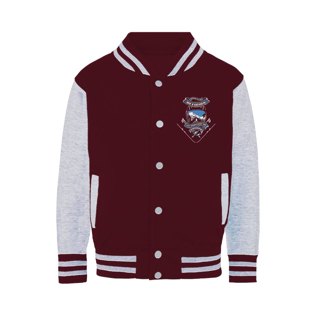 SKIING IS MY RELIGION THE MOUNTAIN IS MY CHURCH Varsity Jacket Apparel Burgundy / Heather Grey XS 