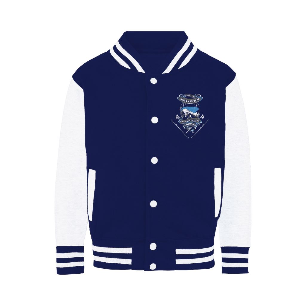 SKIING IS MY RELIGION THE MOUNTAIN IS MY CHURCH Varsity Jacket Apparel Oxford Navy / White XS 