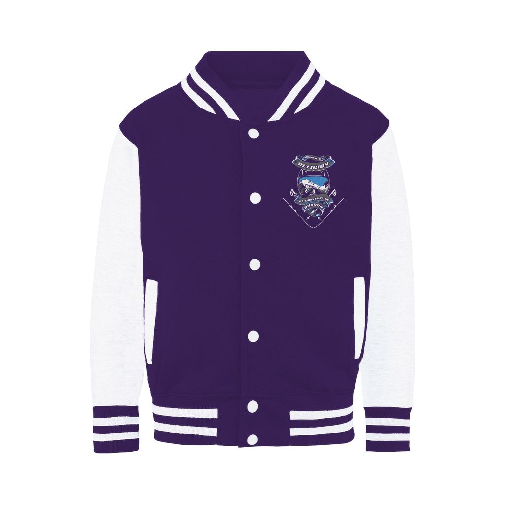 SKIING IS MY RELIGION THE MOUNTAIN IS MY CHURCH Varsity Jacket Apparel Purple / White XS 