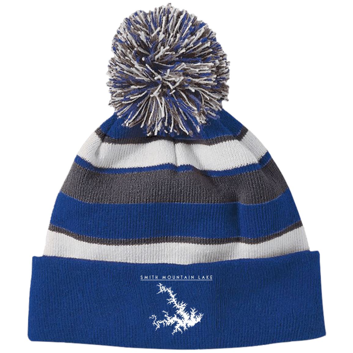 Smith Mountain Lake Embroidered Striped Beanie with Pom - Houseboat Kings