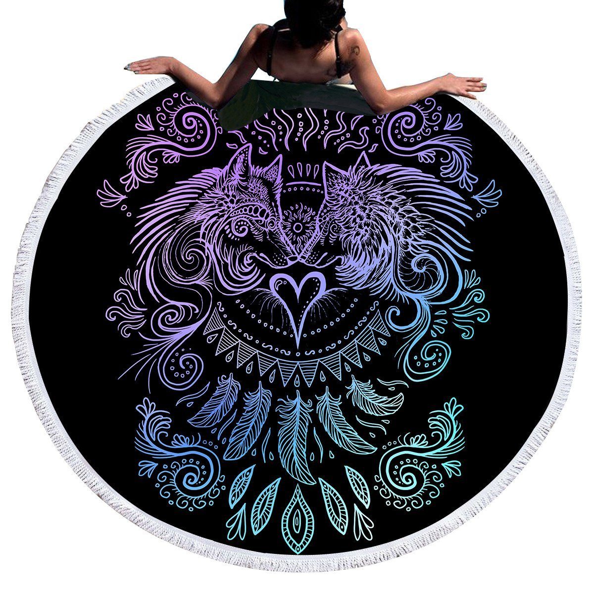 Wolves Heart by SunimaArt Round Beach Towel Woman Home & Garden 